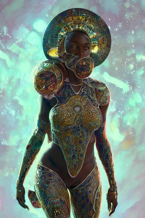 Image similar to full body portrait of very beautiful and attractive African-American woman, funkadelic spacesuit, real life skin, intricate, elegant, highly detailed, artstation, concept art, smooth, sharp focus, face by wlop, art by artgerm and greg rutkowski and alphonse mucha