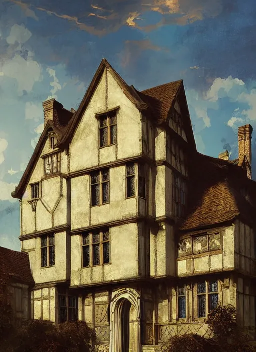 Prompt: portrait of a tudor manor house on a street, architecture, highly detailed, blue sky, cinematic lighting, digital art painting by greg rutkowski