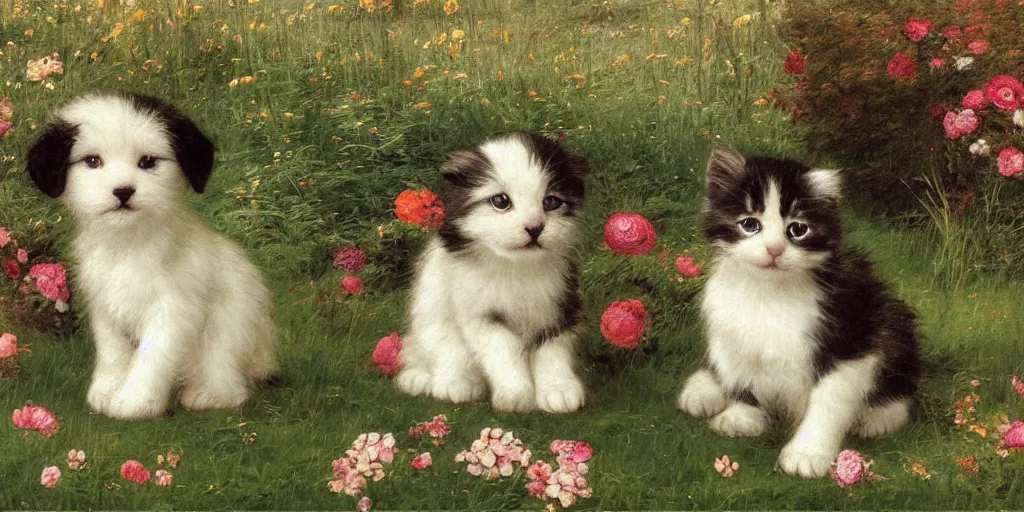 Prompt: 3 d precious moments plush puppy and kitten with realistic fur and gold, white, pastel blue, deep greencolor scheme, field of flowers, petals falling, master painter and art style of john william waterhouse and caspar david friedrich and philipp otto runge