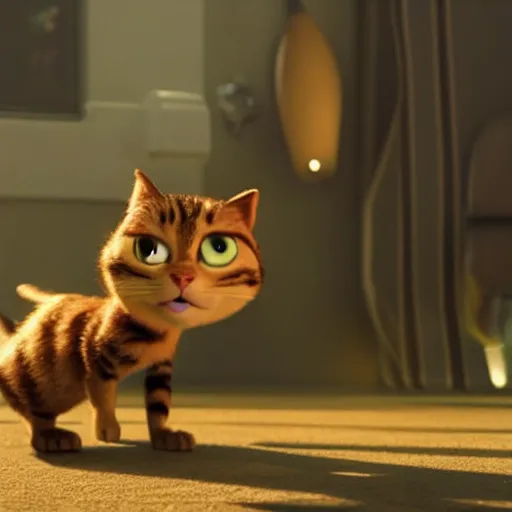 Image similar to a cinematic fill still from a 2015 Pixar movie where anthropomorphic cats battle against aliens, in the style of Pixar, shallow depth of focus