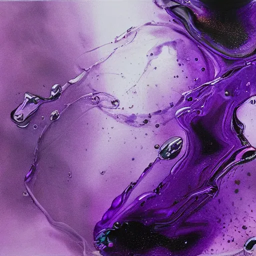 Prompt: thick swirling purple liquid with black glitter in an closed glass vial, mid shot, realistic, oil painting, high detail