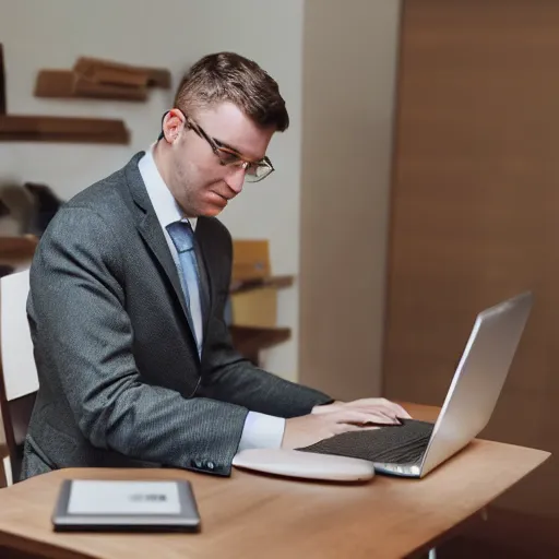 Image similar to Chubby clean-shaven white businessman sitting at a wooden conference table typing on an laptop keyboard, his right shoe is resting on table next to laptop