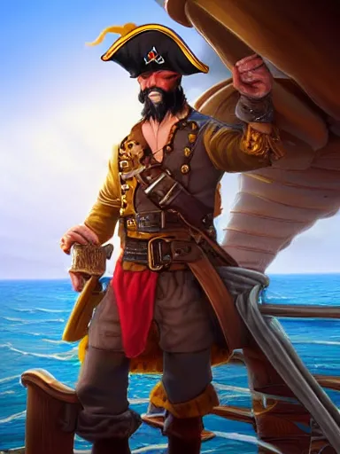 pirate captain looking trought a spyglass in his ship.