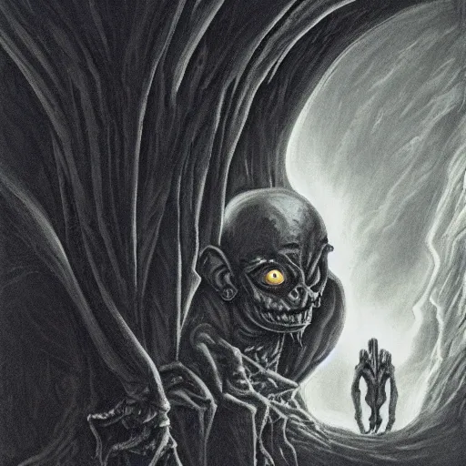 Image similar to an arrogant goblin steps casually into the abyssal portal, only to be met with unimaginable horrors from beyond. his body and mind are completely annihilated as he witnesses the end of time. space itself begins to warp into a single point of light and for a few silent moments the goblin knows everything, from his world and beyond. dark fantasy, oil painting, high detail