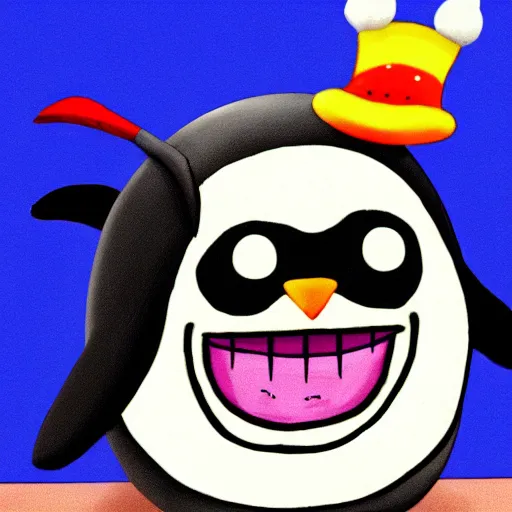 Prompt: a penguin riding a smiling slime ball, cartoon, kawaii,