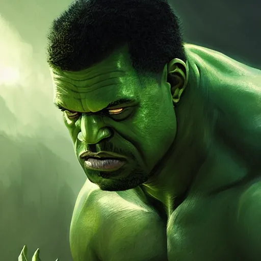 Image similar to Portrait of green Kanye West as the Hulk, amazing splashscreen artwork, splash art, head slightly tilted, natural light, elegant, intricate, fantasy, atmospheric lighting, cinematic, matte painting, by Greg rutkowski