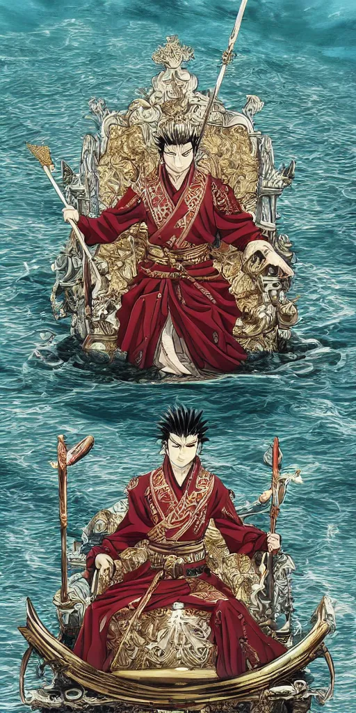 Image similar to highly detailed lone emperor sitting on a throne floating on water in the middle of a lake drawn by Makoto Yukimura in the style of Vinland saga anime, full color, detailed,