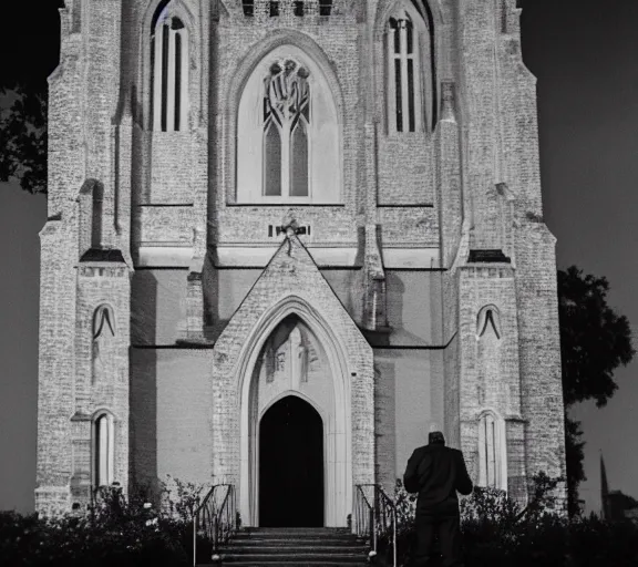 Image similar to Ghost standing in front of a church during in the night f1.8 anamorphic, bokeh, 4k, Kodachrome k135