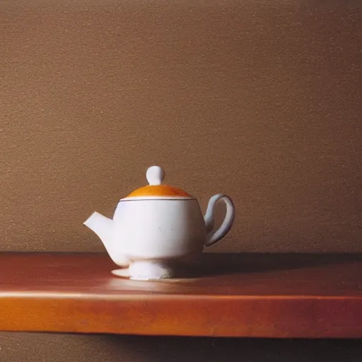 Image similar to impressonism nostalgic photograph of a teapot on a wooden table next to a cup of matcha tea, portra 800