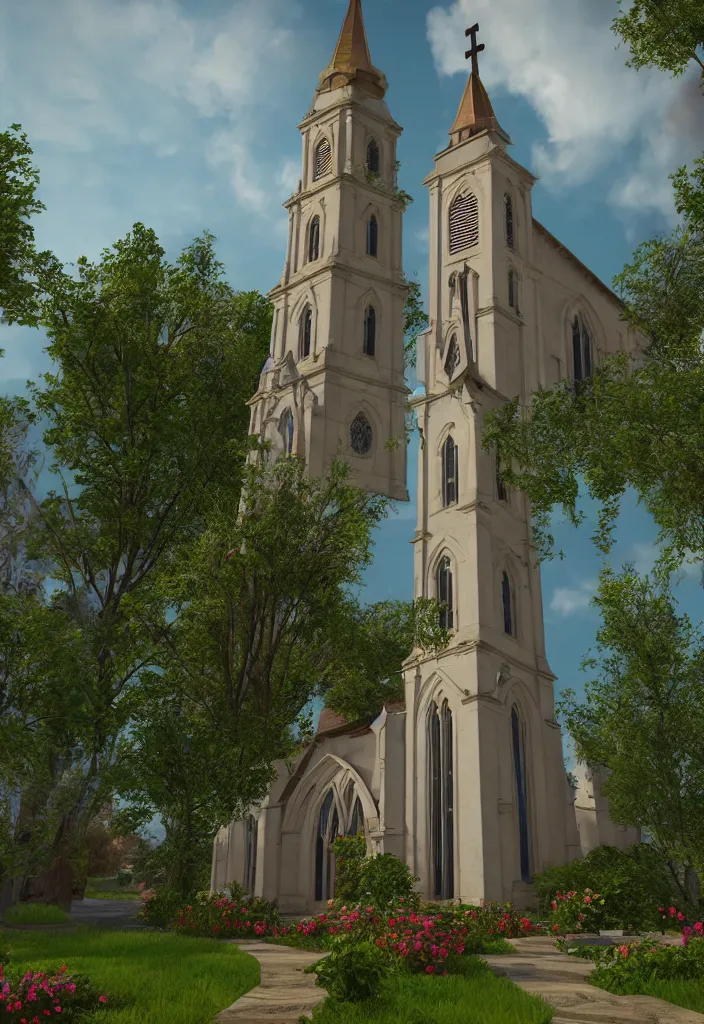 Prompt: a church filled with lots of plants and flowers, a flemish baroque by thomas cole, unsplash, baroque, sanctuary, rendered in unreal engine, unreal engine