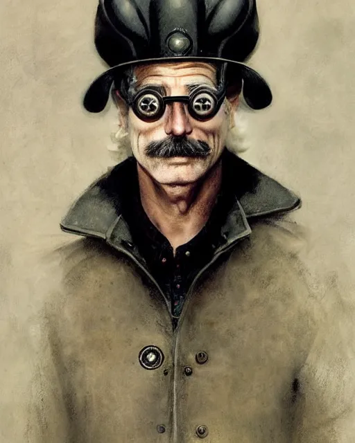 Image similar to Portrait steampunk Sam Elliott wearing safety goggles and black coat by charlie bowater elina brotherus greg rutkowski Dan Witz paul klee jamie wyeth victo ngai