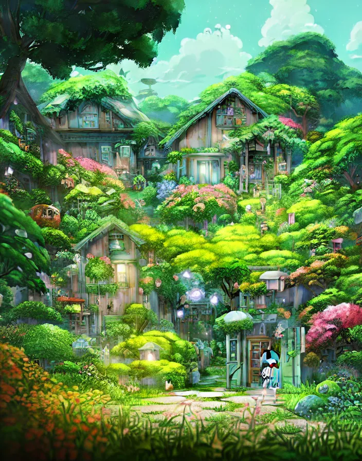 Prompt: STUDIO GHIBLI, flowery cottage, solarpunk, green technology, optimist future by Asher Durand. green fields, intricate artwork by Tooth Wu and wlop and beeple and dan mumford and greg rutkowski and nekroxiii. halo. octane render, cinematic, hyper realism, octane render, 8k, depth of field, bokeh. iridescent accents. vibrant.