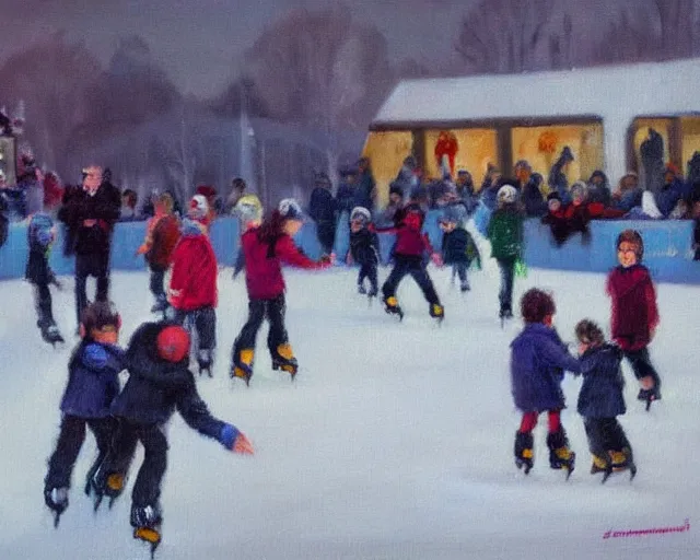 Image similar to Children ice skating. Oil painting by Norbert Schwontkowski.