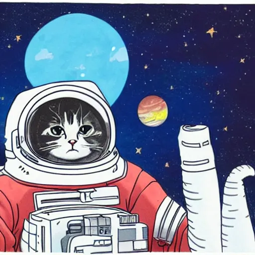 Prompt: an astronaut cat hugging the earth with the milky way in the background, colorful, Hayao Miyazaki