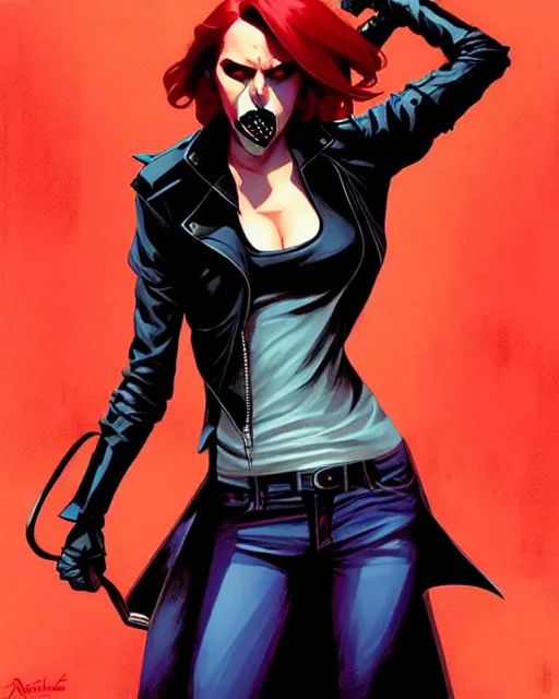 Image similar to rafael albuquerque comic art, peter mohrbacher, steve niles, phil noto, artgerm, pretty scarlett johansson vampire sharp vampire teeth open mouth, symmetrical eyes, black leather jacket, jeans, long blonde hair