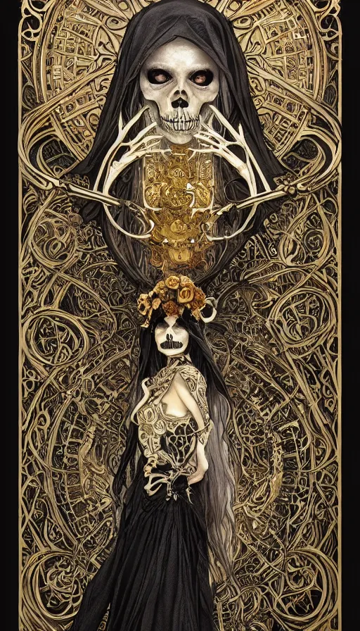 Image similar to a skeleton in a black cloak, highly detailed, very intricate, art nouveau, gold filigree, left right symmetry, tarot concept art watercolor illustration by mandy jurgens and alphonse mucha and alena aenami, featured on artstation