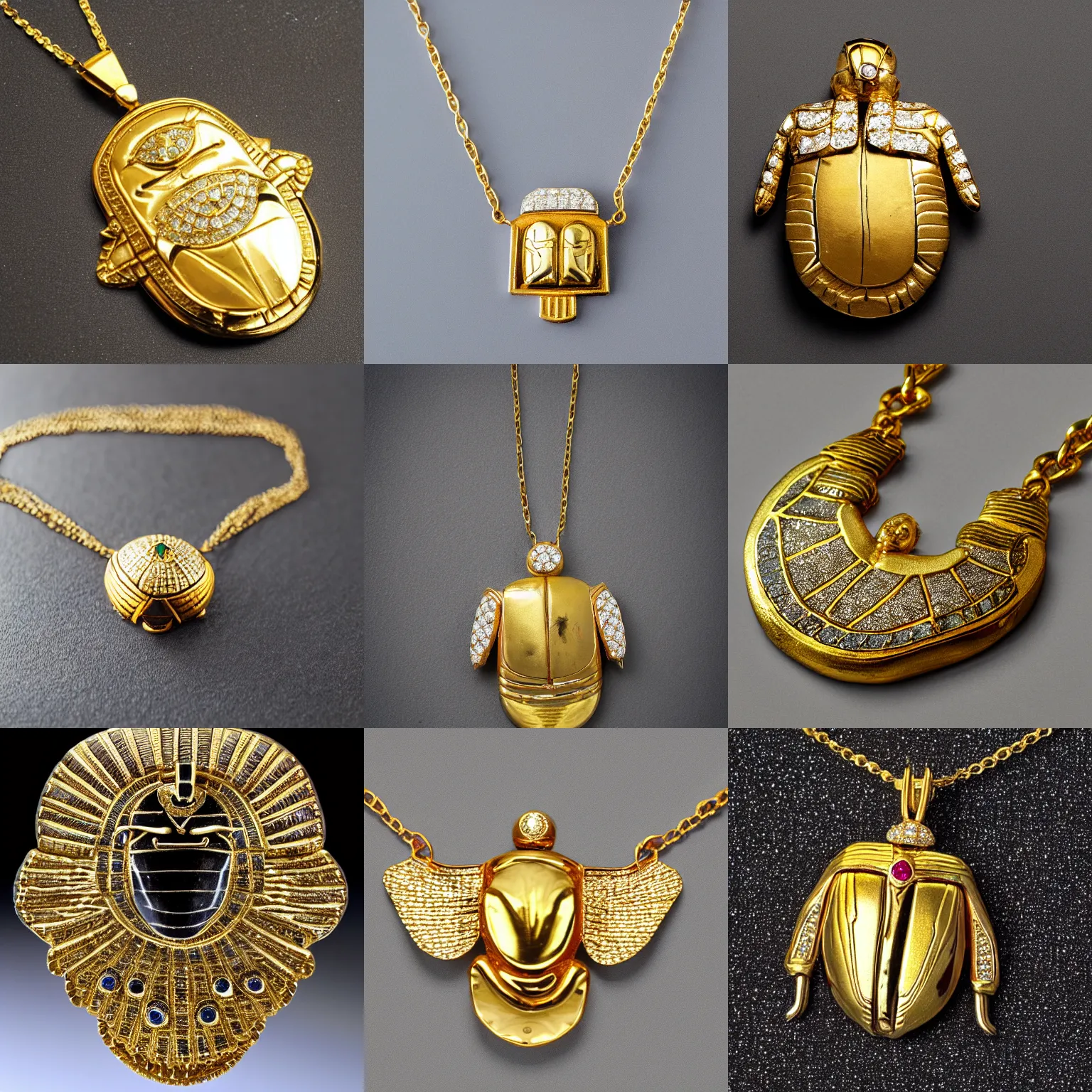 Prompt: Egyptian golden scarab necklace with diamonds photographed on white background