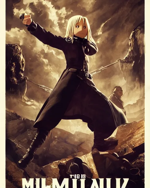 Prompt: Movie poster of The Full Metal Alchemist, Highly Detailed, A master piece of storytelling, wide angle, cinematic shot, Battle, highly detailed, cinematic lighting, by frank frazetta + ilya repin , 8k, hd, high resolution print