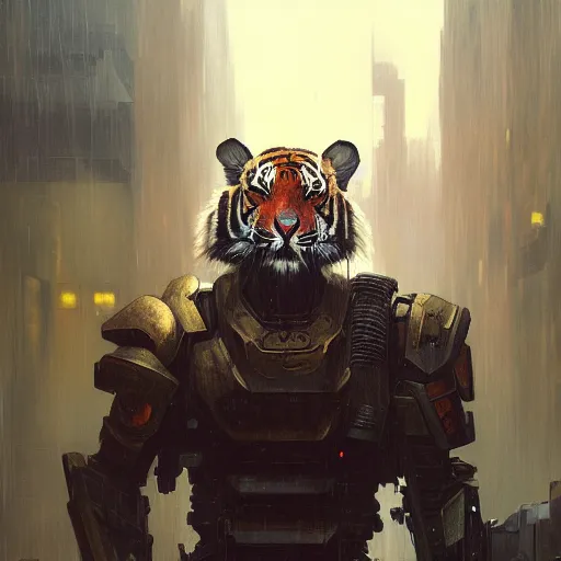 Image similar to hyperrealistic portrait of an athropomorphic tiger wearing heavy combat red - blue armor, bladerunner street, art of elysium by jeremy mann and alphonse mucha, fantasy art, photo realistic, dynamic lighting, artstation, poster, volumetric lighting, very detailed face, 4 k, award winning, cinematic lighting, deviantart, artstation, cg society