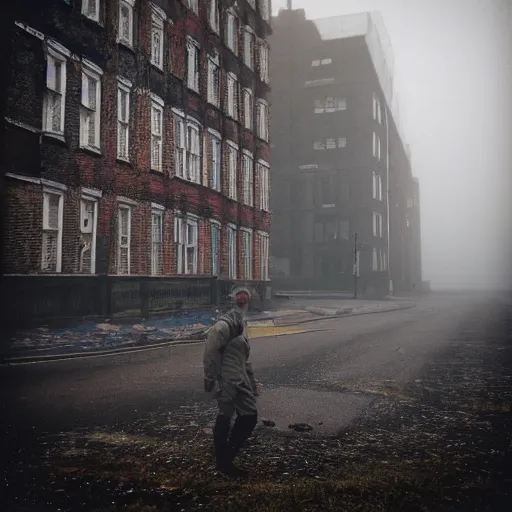 Image similar to lomo photo of astronaut in abandoned London, gloomy, foggy, dark