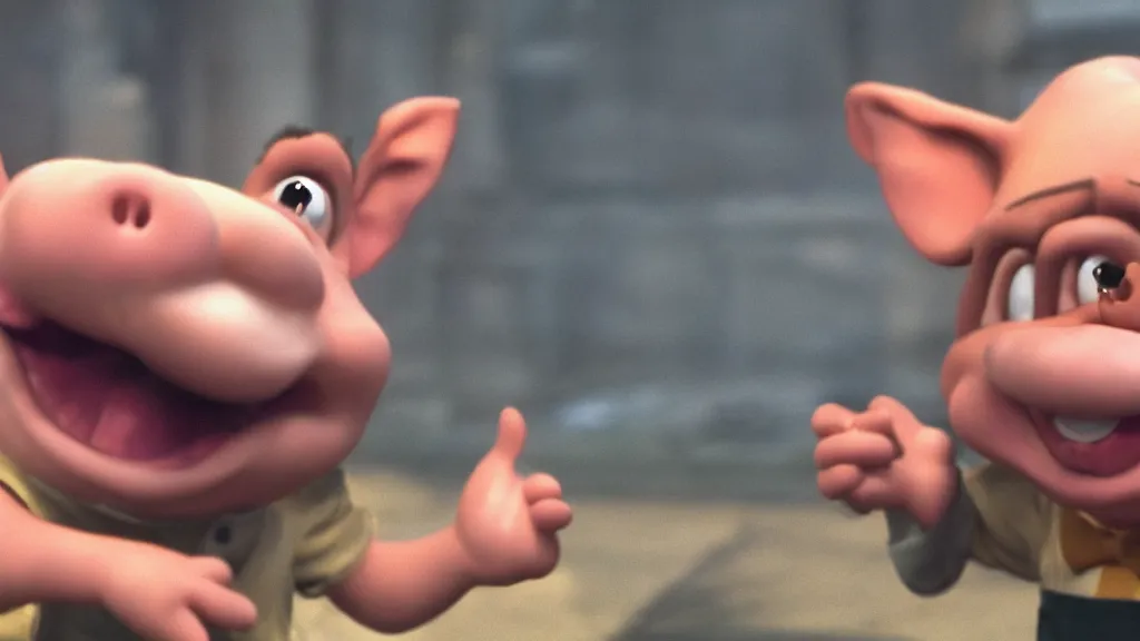 Image similar to found footage of Porky Pig eating glue, hyperrealistic, Cryengine 8k UHD