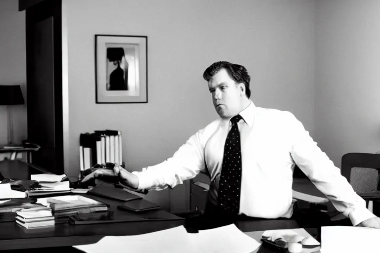 Prompt: cinematic film still from 1994 film: portly clean-shaven white man wearing suit and necktie at his desk, kicking his right foot in the air, XF IQ4, f/1.4, ISO 200, 1/160s, 8K, RAW, dramatic lighting, symmetrical balance, in-frame