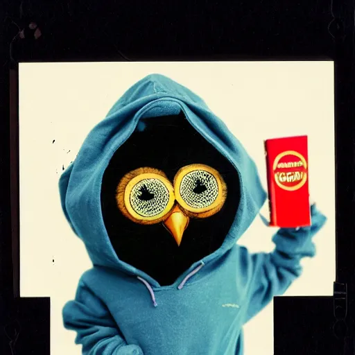 Prompt: anthropomorphic owl in a hoodie, holding a magazine, 9 0 - s fashion, polaroid photo, by warhol,