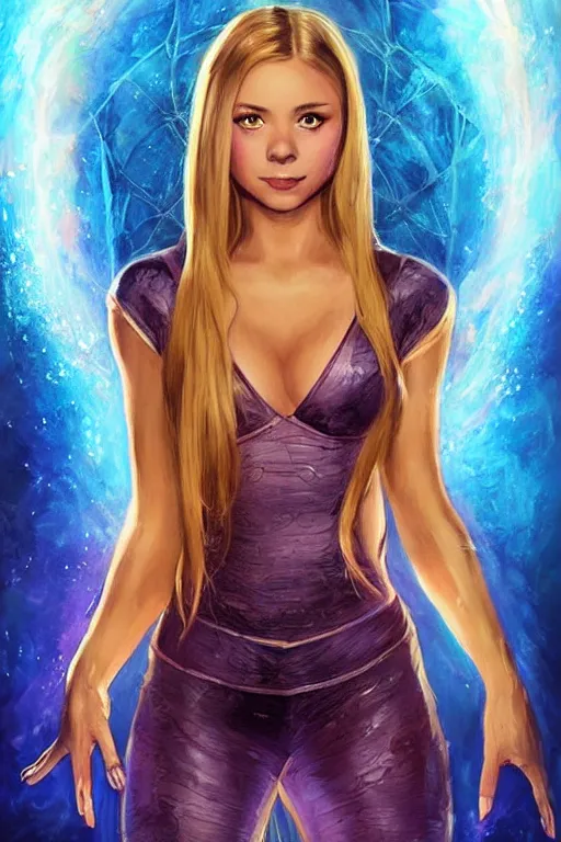 Image similar to frontal standing pose portrait of Sabrina the Teenager Witch, very beautiful young woman, straight hair, push-up underwire. Intricate, concept art, magic lighting overlays, magical portal opened, D&D!, fantasy style, sharp focus!, ultra detailed, art by Artgerm and Peter Andrew Jones, WLUP, Magali Villeneuve