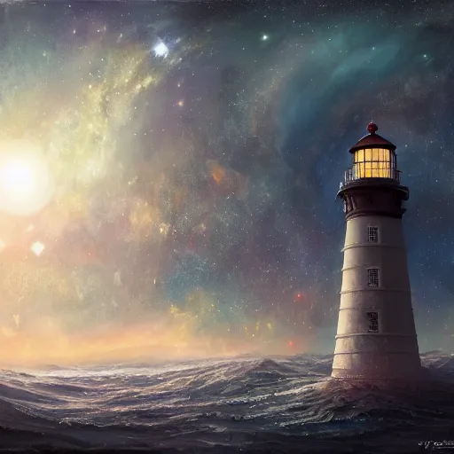 Prompt: the lighthouse in the middle of the galaxy , wide angle shot, diffuse lighting, fantasy, intricate, elegant, highly detailed, lifelike, photorealistic, digital painting, illustration, concept art, smooth, sharp focus, A24!film cinematography