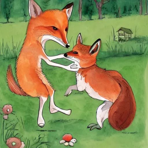 Prompt: a red fox dancing with a white chicken in front of a hen house, watercolor illustration,