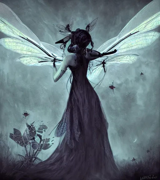 Image similar to gothic fairy with dragonfly wings, digital painting, liminal eerie midnight backlit, a picture taken by Michael Komarck