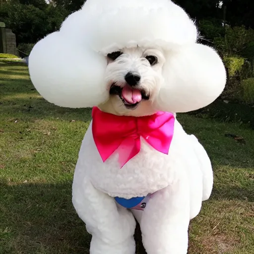 Image similar to a photo of a person wearing a bichon frise costume