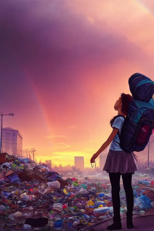 Image similar to beauty teenage girl in short with backpack looking at food at garbage dump, destroyed cars, city is pure wasteland, moody sunset background, rays of sunlights, ( ( ( rainy day, rainbow ) ) ), high details, sharp, photorealism, cinematic, greg rutkowski, alphonse mucha, trending on artstation, artgerm, unreal engine, highly detailed