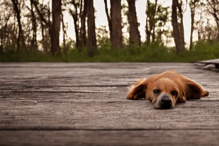 Image similar to old dog lying on a wooden dusty boardwalk shallow depth of field award winning