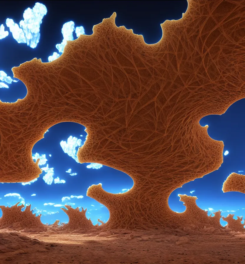 Prompt: environment of multiple detailed complex fractal architecture structures in a vast utah desert landscape that meets the ocean, by glenn small, by albert bierstadt photorealism, hyper realism, octane render, unreal engine, volumetric light, depth of field, volumetric clouds, god rays, lens flares, detailed, intricate, twin motion, megascan, high resolution, realistic render