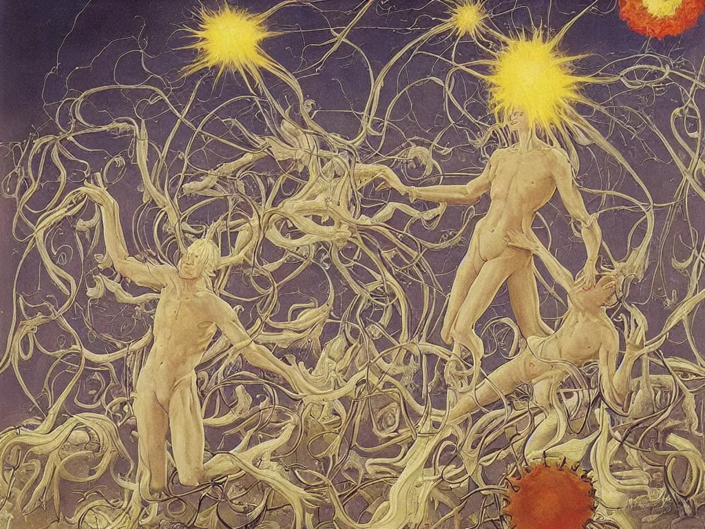 Prompt: Albino demigod in a white cloth taming the nuclear explosion in space. Limbs, flares, living tendril creatures. Painting by Lucas Cranach, Moebius, Max Ernst
