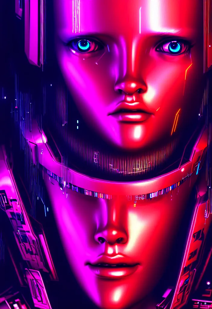 Prompt: ultra realistic digital portrait of robot, cyberpunk, glitchcore, synthwave art, detailed, masterpiece, trending on artstation, featured on pixiv, hd, 4 k, 8 k