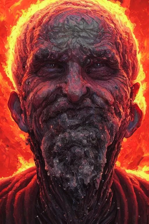 Image similar to the look of an elderly person, necromancer, witch - doctor covered with lava exploding into fire crystals, full of wrinkles and imperfections by artgem and greg rutkowski, highly detailed, high contrast, light reflection, trippy, nebula, trending on artstation