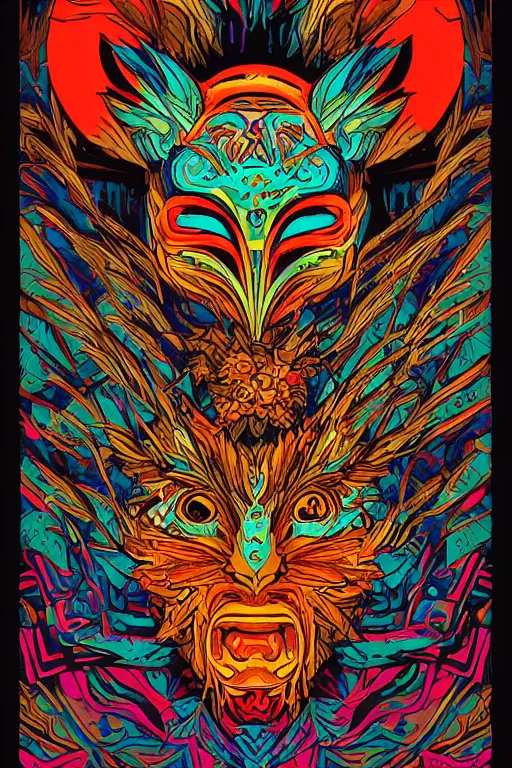 Image similar to animal mask totem roots flower tribal feather gemstone plant wood rock shaman vodoo video game vector cutout illustration vivid multicolor borderlands comics by josan gonzales and dan mumford radiating a glowing aura