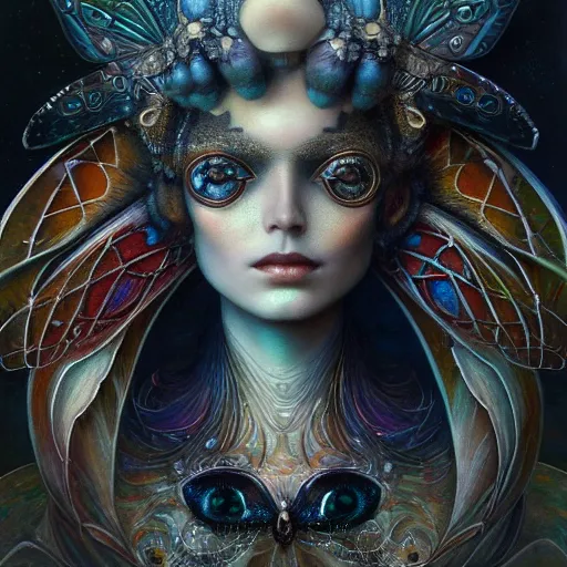 Prompt: beautiful closeup portrait of an art deco faerie queen, glowing eyes. reflective detailed textures, moth wings, highly detailed dark fantasy science fiction painting by tom bagshaw and diego rivera and annie swynnerton and jean delville, elaborate geometric ornament, ancient runes, silver and cool colors. artstation