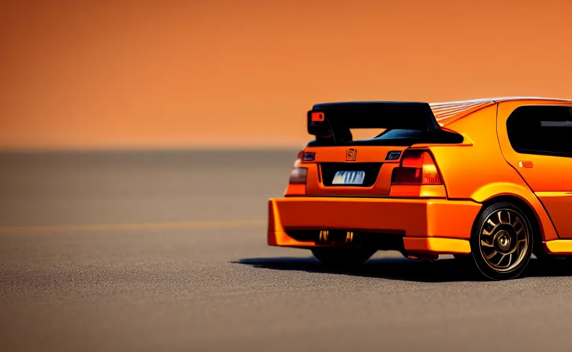 Image similar to photograph of a cell-shaded orange Honda EK9 Type-R, speeding on a desert road with a futuristic city in the horizon, kicking up dirt, action shot, one point perspective, sigma 85mm f/1.4, 4k, depth of field, high resolution, 4k, 8k, hd, full color