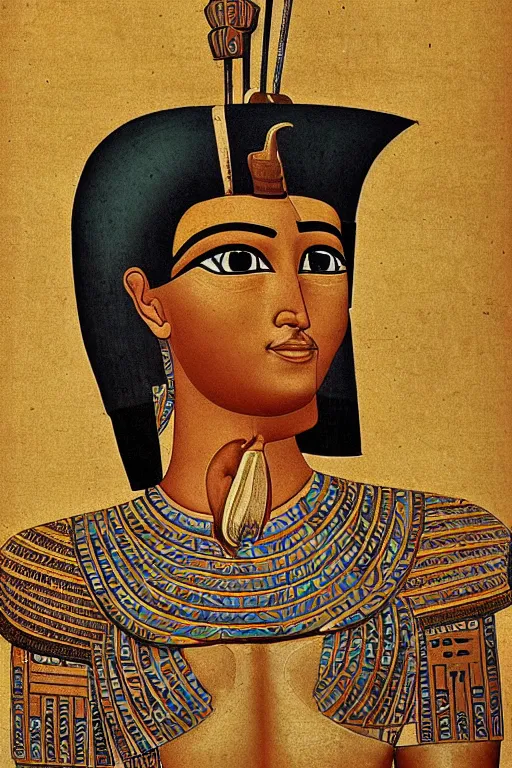 Image similar to a highly detailed beautiful portrait of a egyptian god with facial expression : happy in the style of philippe faraut.