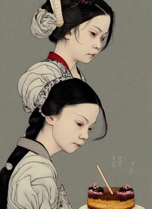 Prompt: detailed portrait of greta thunberg as a geisha eating cakes, trending on artstation elite, elegant, luxury, by krenz cushart, junji ito, takato yamamoto, perfect face, fine details, realistic shaded, fine - face, pretty face