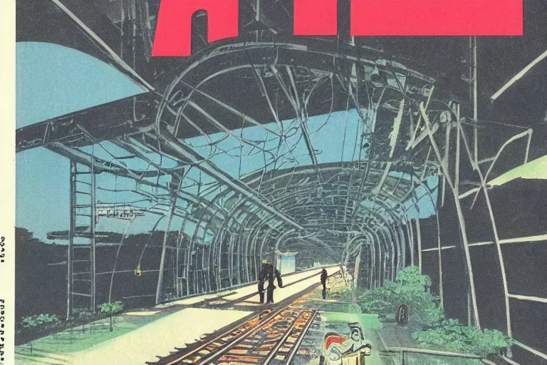 Image similar to 1 9 7 9 omni magazine cover of train bridge going above a park in iwakuni. cyberpunk style by vincent di fate