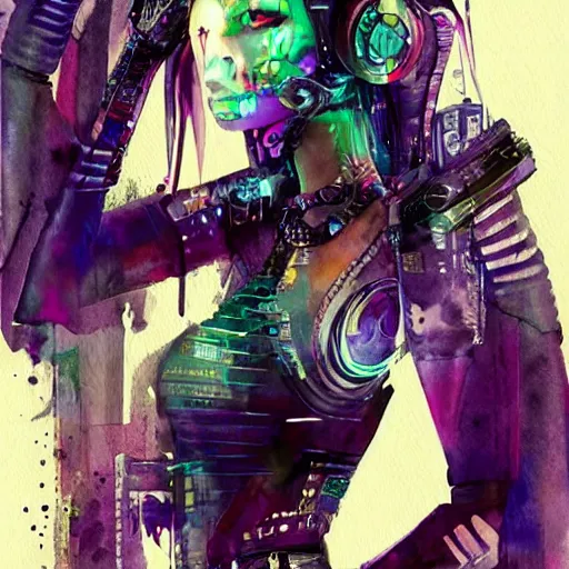 Prompt: watercolor fashion illustration full body detailed woman cyberpunk outfit, android jones