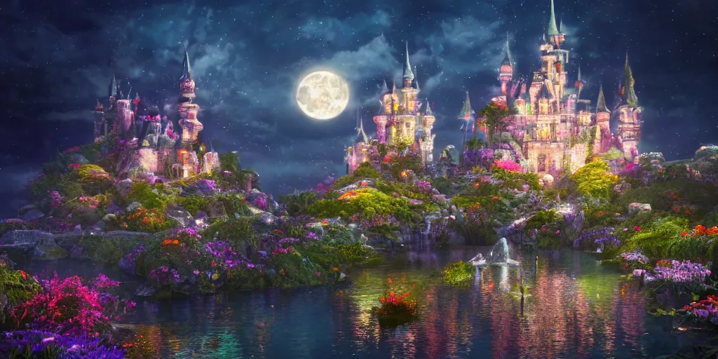 Image similar to a single glittering fairy castle at night, a full moon, water and colourful flowers, extremely detailed oil painting, unreal 5 render, fantasy digital art, octane render, beautiful composition, trending on artstation, award-winning photograph, masterpiece