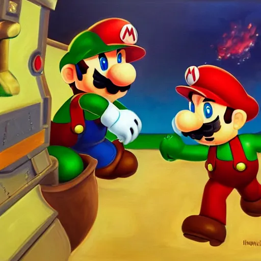 Image similar to A beautiful oil painting of Mario Bros fighting against a robot