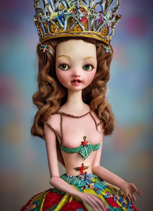Image similar to closeup face profile portrait of a tin toy fairytale princess wearing a crown eating cakes, bikini, depth of field, zeiss lens, detailed, symmetrical, centered, fashion photoshoot, by nicoletta ceccoli, mark ryden, lostfish, breathtaking, 8 k resolution, extremely detailed, beautiful, establishing shot, artistic, hyperrealistic, octane render