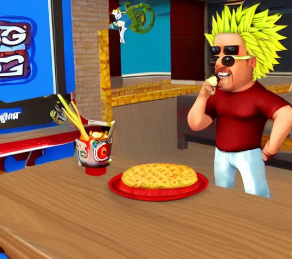 Image similar to screencap of guy fieri ps 2 play station 2 burger eating minigame, ign screenshot, 3 d graphics, stylized character models, game ui, hq image