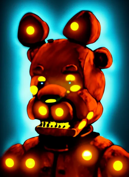 Image similar to portrait of freddy fazbear, glowing lights, highly detailed, digital painting, artstation, concept art, sharp focus, illustration